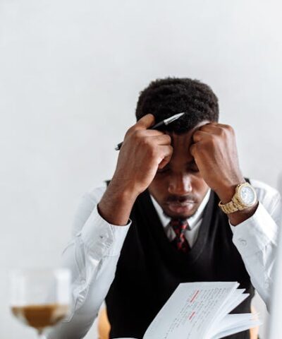 A frustrated businessman sits at a desk reviewing documents, conveying stress and concentration.